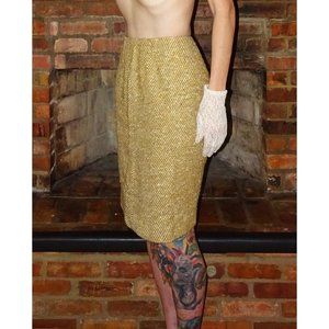 Vintage Russ Wool Pencil Skirt S yellow & white pinup retro rockabilly